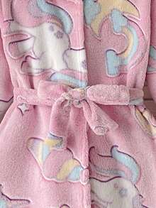 SHEIN Tween Girl Tween Girl Autumn/Winter Casual Home Hooded Robe Sweet Cartoon Unicorn Moon Star Print Thickened Fleece Coral Plush Robe Children Sleepwear Pink - Baby Pink - View 3