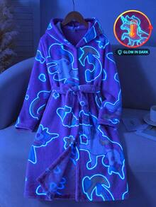 SHEIN Tween Girl Tween Girl Autumn/Winter Casual Home Hooded Robe Sweet Cartoon Unicorn Moon Star Print Thickened Fleece Coral Plush Robe Children Sleepwear Pink - Baby Pink - View 5