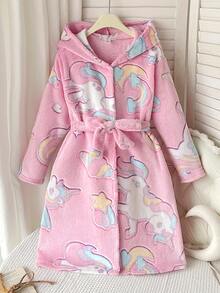 SHEIN Tween Girl Tween Girl Autumn/Winter Casual Home Hooded Robe Sweet Cartoon Unicorn Moon Star Print Thickened Fleece Coral Plush Robe Children Sleepwear Pink - Baby Pink - View 8