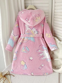 SHEIN Tween Girl Tween Girl Autumn/Winter Casual Home Hooded Robe Sweet Cartoon Unicorn Moon Star Print Thickened Fleece Coral Plush Robe Children Sleepwear Pink - Baby Pink - View 2