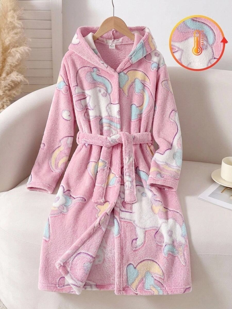 SHEIN Tween Girl Tween Girl Autumn/Winter Casual Home Hooded Robe Sweet Cartoon Unicorn Moon Star Print Thickened Fleece Coral Plush Robe Children Sleepwear Pink - Baby Pink - View 1