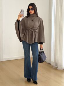 SHEIN Tall Plaid Print Batwing Sleeve Belted Cape Overcoat - Brown - View 6