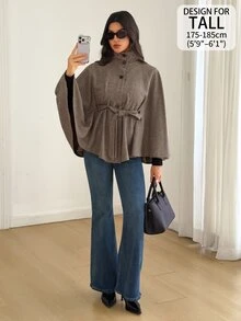 SHEIN Tall Plaid Print Batwing Sleeve Belted Cape Overcoat - Brown - View 3