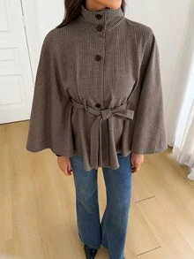 SHEIN Tall Plaid Print Batwing Sleeve Belted Cape Overcoat - Brown - View 7