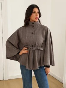 SHEIN Tall Plaid Print Batwing Sleeve Belted Cape Overcoat - Brown - View 4