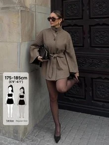 SHEIN Tall Plaid Print Batwing Sleeve Belted Cape Overcoat - Brown - View 1