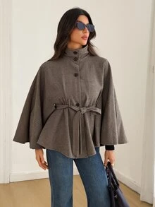 SHEIN Tall Plaid Print Batwing Sleeve Belted Cape Overcoat - Brown - View 8