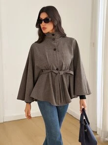 SHEIN Tall Plaid Print Batwing Sleeve Belted Cape Overcoat - Brown - View 5