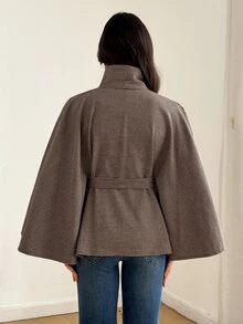 SHEIN Tall Plaid Print Batwing Sleeve Belted Cape Overcoat - Brown - View 9