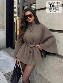 SHEIN Tall Plaid Print Batwing Sleeve Belted Cape Overcoat - Brown - View 10