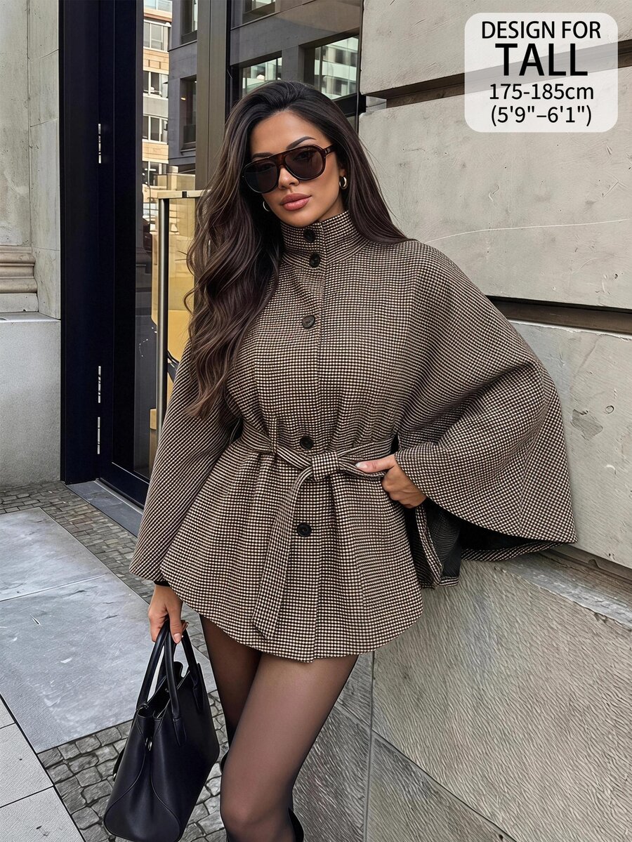 SHEIN Tall Plaid Print Batwing Sleeve Belted Cape Overcoat - Brown - View 1