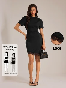 SHEIN Tall Women's Tall Casual Black T-Shirt Mini Dress With Asymmetric Lace Paneling - Black - View 3