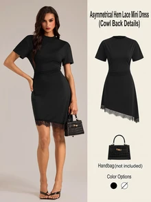 SHEIN Tall Women's Tall Casual Black T-Shirt Mini Dress With Asymmetric Lace Paneling - Black - View 8