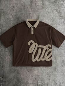 Mainfolk Men's Color Block 3D Letter Graphic Casual Versatile Commute Short Sleeve Polo Shirt - Coffee Brown - View 3