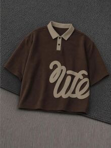 Mainfolk Men's Color Block 3D Letter Graphic Casual Versatile Commute Short Sleeve Polo Shirt - Coffee Brown - View 2