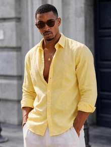 Mainfolk Men Casual Yellow Long Sleeve Button Down Shirt For Summer Beach Style Lightweight Yellow Collared Button Up Shirt Perfect For Vacations - Light Yellow - View 2