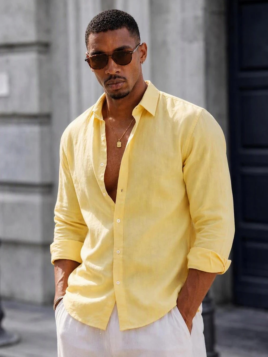 Mainfolk Men Casual Yellow Long Sleeve Button Down Shirt For Summer Beach Style Lightweight Yellow Collared Button Up Shirt Perfect For Vacations