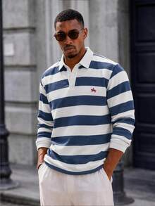 Mainfolk Men's Casual Colorblock Striped Polo Long Sleeve Shirt, Autumn, For Fall - Multicolor - View 1
