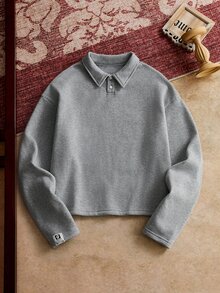 Mainfolk Knitted Fashionable Casual Men's Plain Long Sleeve Half Placket Loose Polo Shirt, For Friends, Fall - Grey - View 3