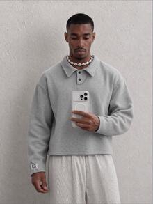 Mainfolk Knitted Fashionable Casual Men's Plain Long Sleeve Half Placket Loose Polo Shirt, For Friends, Fall - Grey - View 1