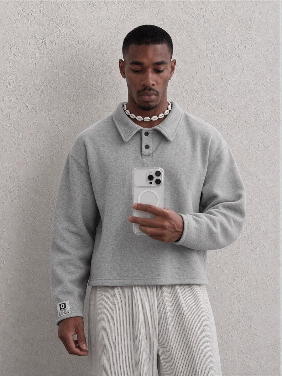 Mainfolk Knitted Fashionable Casual Men's Plain Long Sleeve Half Placket Loose Polo Shirt, For Friends, Fall - Grey - View 1