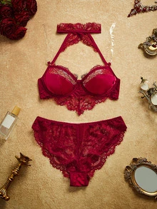 PinupPomp Women's Sweet Lace Bra And Panty Sexy Lingerie Set - Burgundy - View 8