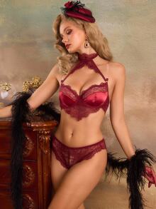 PinupPomp Women's Sweet Lace Bra And Panty Sexy Lingerie Set - Burgundy - View 6
