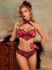 PinupPomp Women's Sweet Lace Bra And Panty Sexy Lingerie Set - Burgundy - View 4