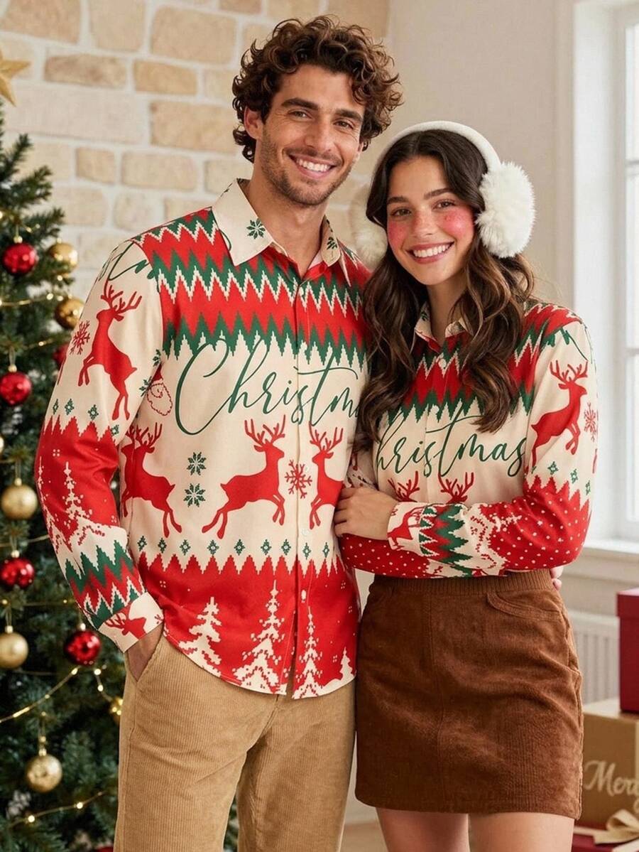 HIMLAND Men's Christmas Pattern Long Sleeve Button-Down Collar Casual Holiday Shirt - Red - View 1