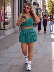 Sweetra CURVE 2026 New Solid Color Plus Size Women's Cropped Tank Top And Pleated Skirt Sports Set - Multicolor - View 7