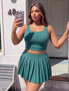 Sweetra CURVE 2026 New Solid Color Plus Size Women's Cropped Tank Top And Pleated Skirt Sports Set - Multicolor - View 3