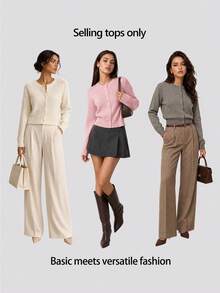 SHEIN BASICS 女款復古休閒素色單排扣長袖針織開襟衫，適合辦公、日常、校園、商務，灰褐色，秋季 - 駝色 - 查看 6