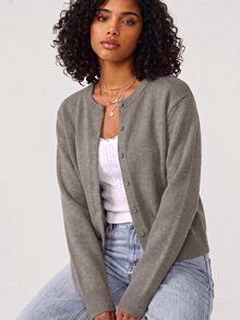 SHEIN BASICS 女款復古休閒素色單排扣長袖針織開襟衫，適合辦公、日常、校園、商務，灰褐色，秋季 - 駝色 - 查看 5