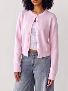 SHEIN BASICS 女款復古休閒純色單排扣長袖針織開襟衫，適合辦公、約會、日常、校園、商務，柔粉色，秋季/秋冬 - 淺粉色 - 查看 3