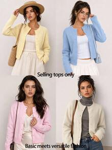 SHEIN BASICS 女款復古休閒純色單排扣長袖針織開襟衫，適合辦公、約會、日常、校園、商務，柔粉色，秋季/秋冬 - 淺粉色 - 查看 7