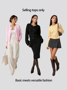 SHEIN BASICS 女款復古休閒純色單排扣長袖針織開襟衫，適合辦公、約會、日常、校園、商務，柔粉色，秋季/秋冬 - 淺粉色 - 查看 9