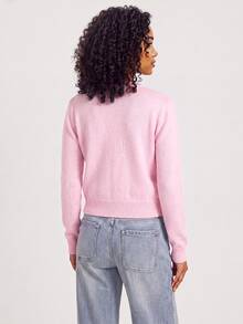 SHEIN BASICS 女款復古休閒純色單排扣長袖針織開襟衫，適合辦公、約會、日常、校園、商務，柔粉色，秋季/秋冬 - 淺粉色 - 查看 2