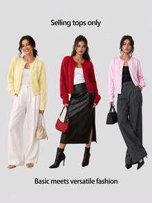 SHEIN BASICS 女款復古休閒純色單排扣長袖針織開襟衫，適合辦公、約會、日常、校園、商務，柔粉色，秋季/秋冬 - 淺粉色 - 查看 8