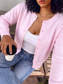 SHEIN BASICS 女款復古休閒純色單排扣長袖針織開襟衫，適合辦公、約會、日常、校園、商務，柔粉色，秋季/秋冬 - 淺粉色 - 查看 4
