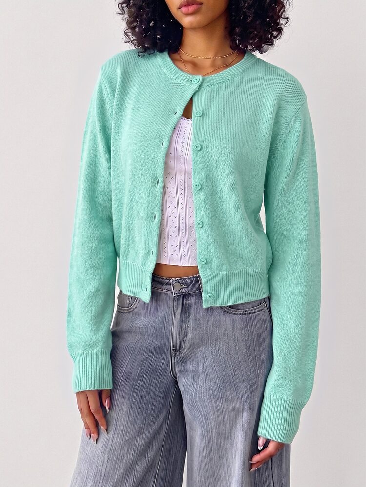SHEIN BASICS Women's Vintage Casual Solid Color Single-Breasted Long Sleeve Knit Cardigan Office Everyday School Business Olive Green Autumn - Mint Green - View 3