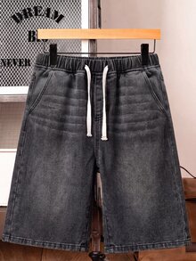 SHEIN 青少年男孩時尚休閒復古酷炫街頭風 寬鬆舒適簡約抽繩彈性腰設計 藍色牛仔短褲 適合日常穿著、春夏季 Rave 音樂節與街頭穿搭 - 黑色 - 查看 1