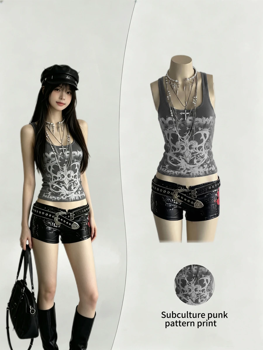 Elamini Women's Street Subculture Letter Punk Print Tank Top - Dark Grey - View 1