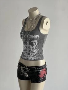 Elamini Women's Street Subculture Letter Punk Print Tank Top - Dark Grey - View 3