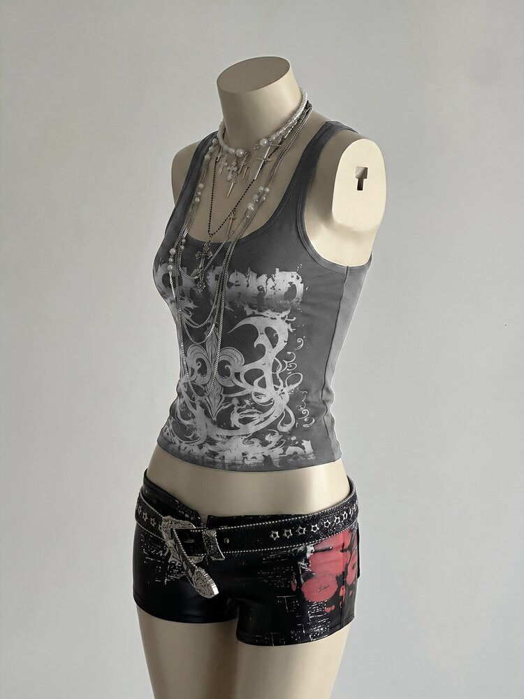Elamini Women's Street Subculture Letter Punk Print Tank Top - Dark Grey - View 3