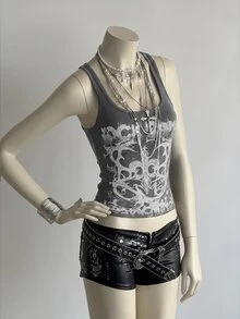 Elamini Women's Street Subculture Letter Punk Print Tank Top - Dark Grey - View 7
