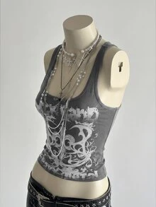 Elamini Women's Street Subculture Letter Punk Print Tank Top - Dark Grey - View 4