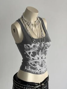 Elamini Women's Street Subculture Letter Punk Print Tank Top - Dark Grey - View 5