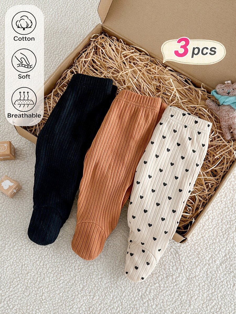 SHEIN 3件組新生兒嬰兒連腳褲 0-1歲,春秋款羅紋棉質內搭褲,純色與愛心印花,柔軟透氣嬰兒長褲 - 彩色 - 查看 1