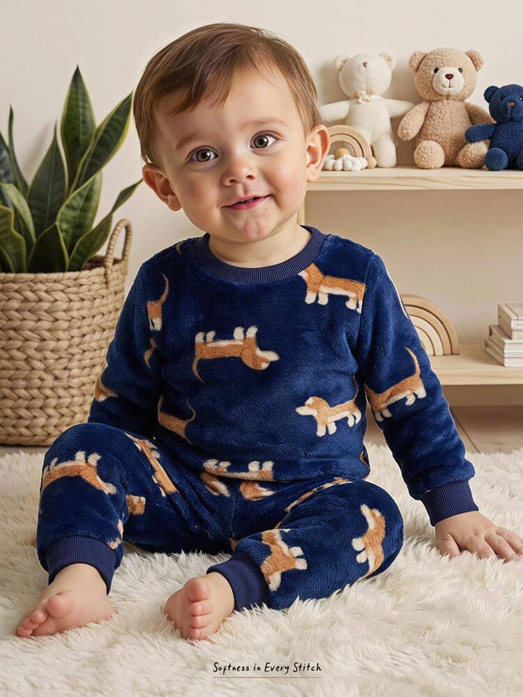 Cozy Pixies Baby Boy Puppy Cartoon Pattern Crew Neck Fleece Lined Top And Pants 2pcs Set (Suitable For Autumn/Winter Wear, Can Be Used As Loungewear/Pajamas) - Royal Blue - View 9