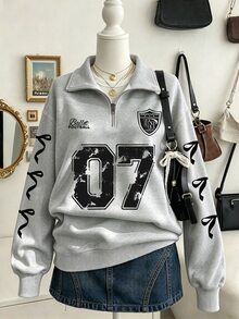 SHEIN 青少年女孩休閒時尚條紋基本款拉鍊針織運動衫，可愛簡約寬鬆短版花卉秋季上衣 - 灰色 - 查看 2